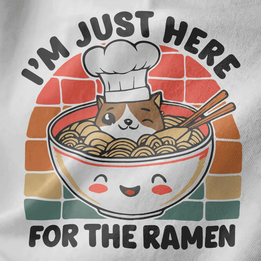 Close-up of whimsical dog chef in ramen bowl on white t-shirt, kawaii clothes, ramen t-shirt, pastel graphic tee.