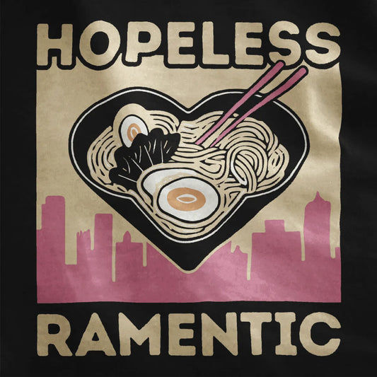 Heart-shaped ramen bowl with city skyline and playful pink text on black fabric, ramen t-shirt, kawaii clothes.