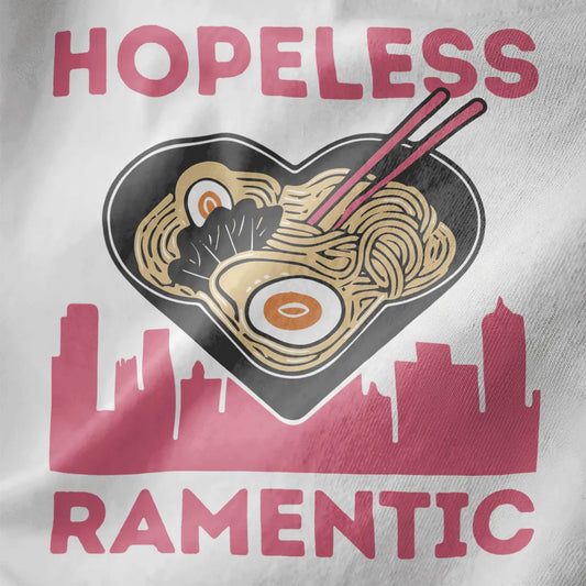 Heart-shaped ramen bowl with cityscape and pink lettering on white fabric, urban ramen, love symbolism.