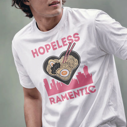 Male model in white t-shirt featuring heart ramen bowl, cityscape, and bold pink text, japanese t-shirts.