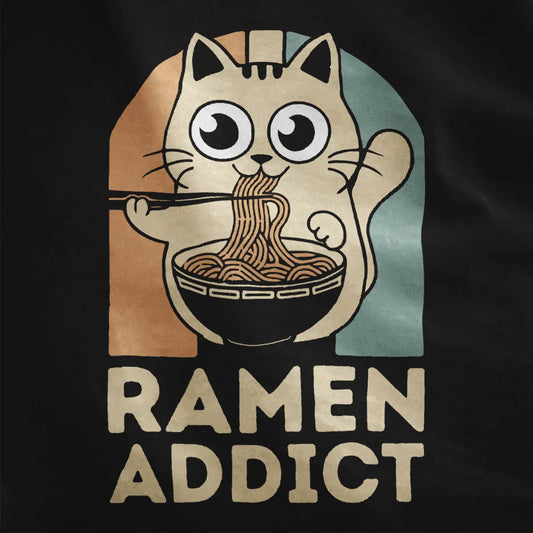 Black fabric close-up of a cute cat eating noodles, Japanese pattern bowl, ramen cat shirt, graphic tees stores.