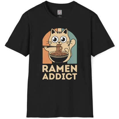 Black t-shirt flatlay featuring a cheerful cat enjoying ramen, modern text, ramen t-shirt, anime t shirts.
