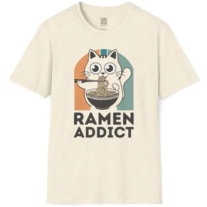 Natural t-shirt flatlay with playful ramen cat and bold "RAMEN ADDICT" font, cultural symbols, cat shirts.