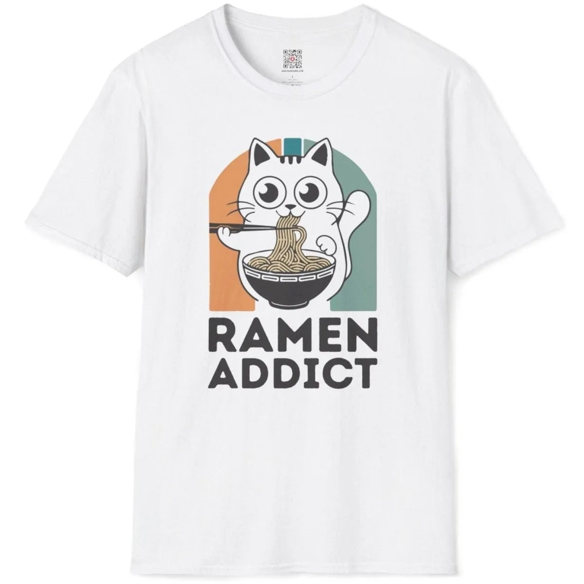 White t-shirt flatlay with charming cat and ramen bowl, vibrant orange and teal background, cat ramen, kawaii clothes.