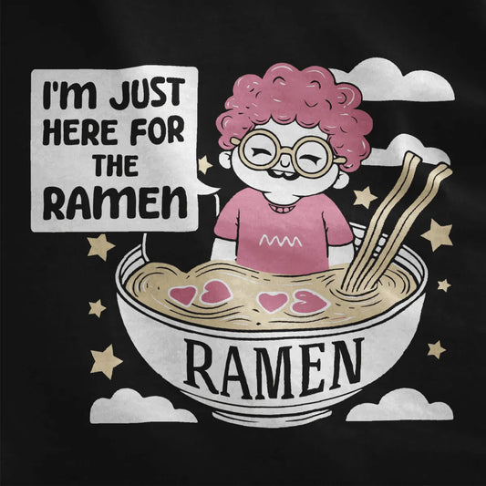 Whimsical pink-haired character in ramen bowl on black fabric, kawaii design, ramen shirt, whimsical illustration.