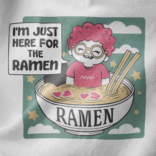 Whimsical pink-haired character in ramen bowl on white fabric, kawaii design, ramen shirt, whimsical illustration.
