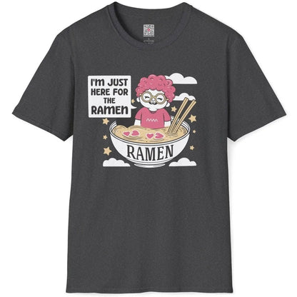 Dark heather t-shirt flatlay with playful ramen bowl character, ramen shirt, pastel aesthetics, whimsical illustration.