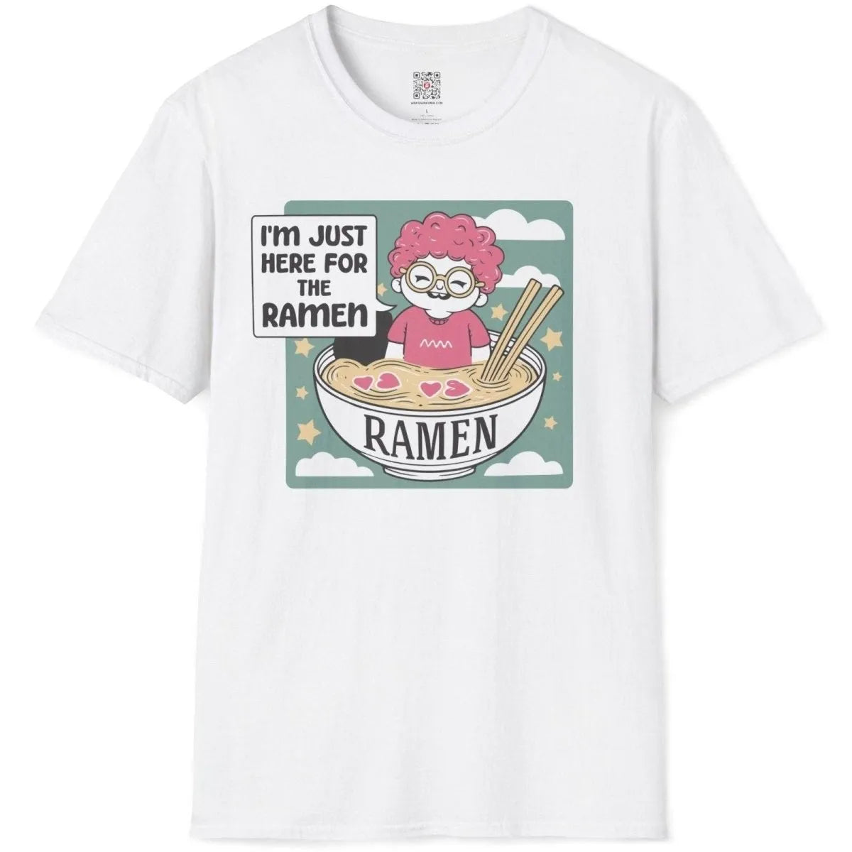 White t-shirt flatlay with pink-haired character in ramen bowl, ramen shirt, kawaii design, whimsical illustration.