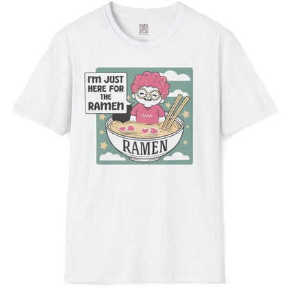 White t-shirt flatlay with pink-haired character in ramen bowl, ramen shirt, kawaii design, whimsical illustration.