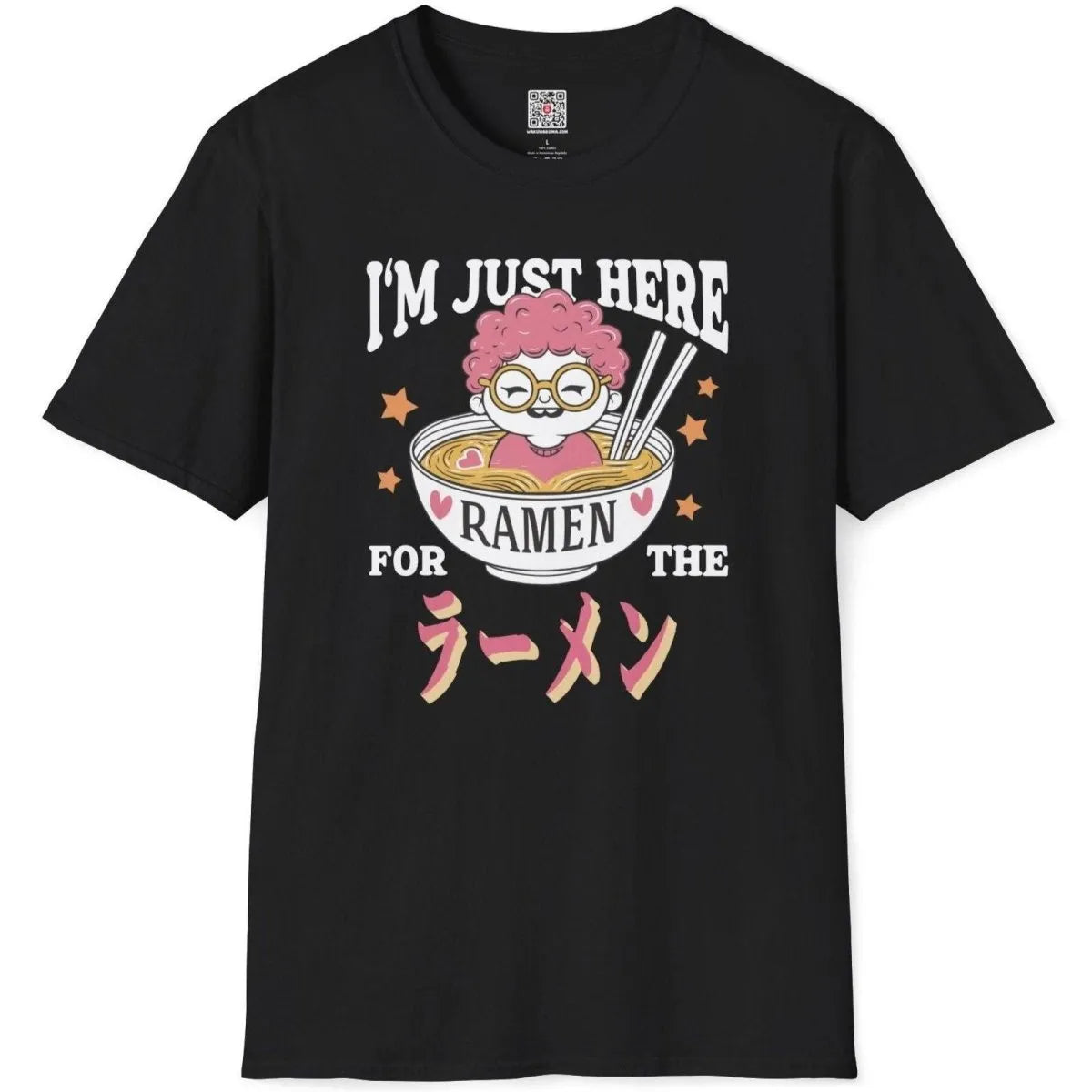 Black shirt flatlay with pink-haired character peeking from ramen bowl, ramen t-shirt, pop art shirt.