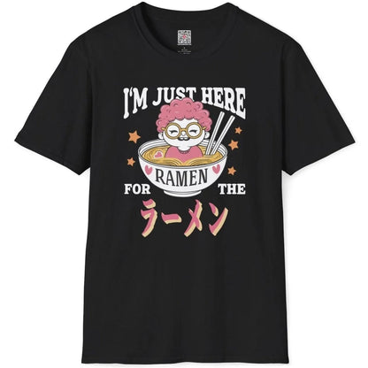 Black shirt flatlay with pink-haired character peeking from ramen bowl, ramen t-shirt, pop art shirt.