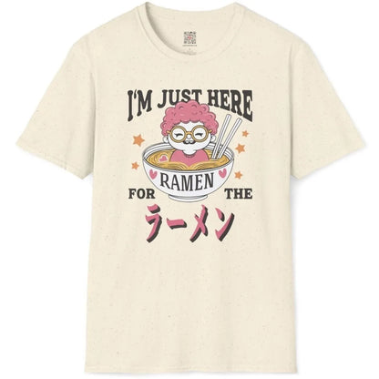 Natural shirt flatlay with pink-haired character peeking from ramen bowl, ramen t-shirt, soft aesthetics.