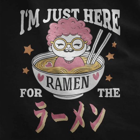 Charming character with pink hair and glasses peeks from ramen bowl on black shirt, ramen t-shirt, kawaii clothes.