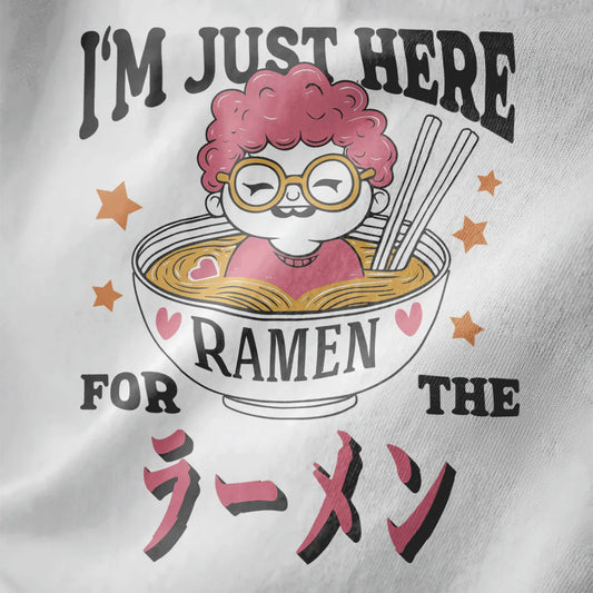 Charming character with pink hair and glasses peeks from ramen bowl on white shirt, ramen t-shirt, kawaii clothes.