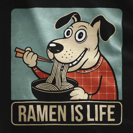 Cheerful cartoon dog eating ramen in red checkered shirt on black fabric, ramen t-shirt, whimsical animal.