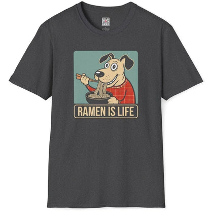 Dark heather t-shirt flatlay featuring cartoon dog with ramen bowl, ramen t-shirt, whimsical animal.