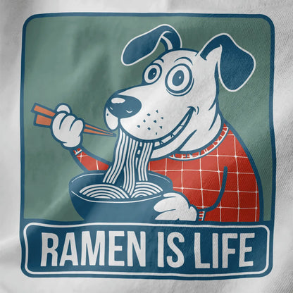 Cheerful cartoon dog eating ramen in red checkered shirt on white fabric, ramen t-shirt, whimsical animal.