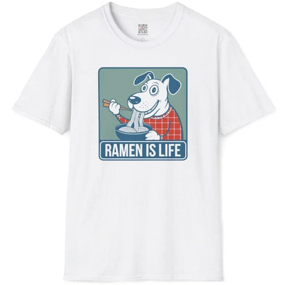 White t-shirt flatlay with cheerful dog enjoying ramen, ramen t-shirt, graphic t-shirts stores.