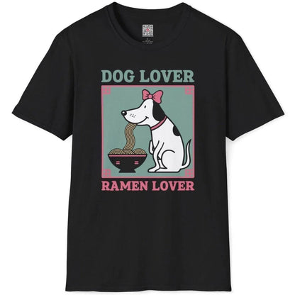 Black t-shirt flatlay with happy dog eating ramen, dog lover, ramen t-shirt, pastel aesthetics.