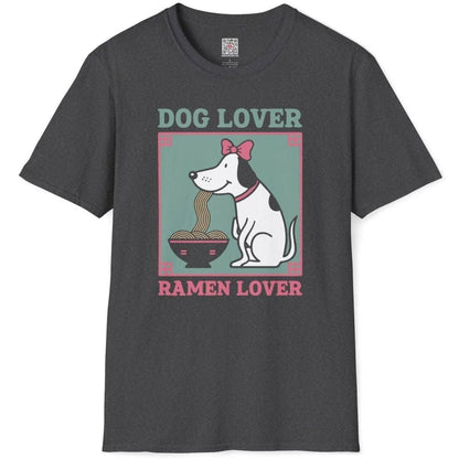 Dark heather t-shirt flatlay with playful dog and ramen, dog lover, ramen t-shirt, whimsical animal.