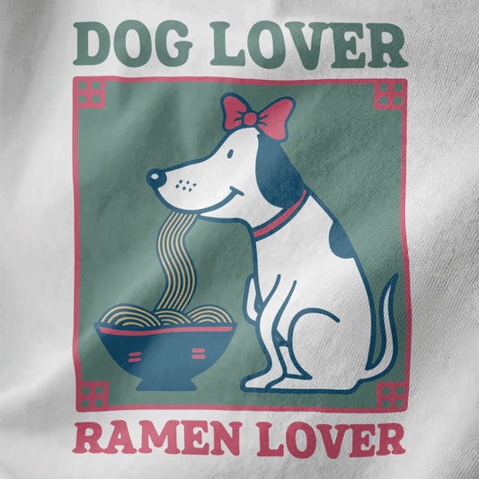 Cute white dog with pink bow slurping ramen on white fabric, dog lover, ramen t-shirt, pastel aesthetics.