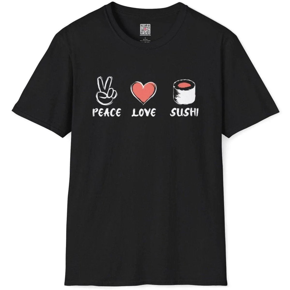 Black t-shirt flatlay displaying bold peace sign, red heart, and sushi roll with Japanese-inspired text below.