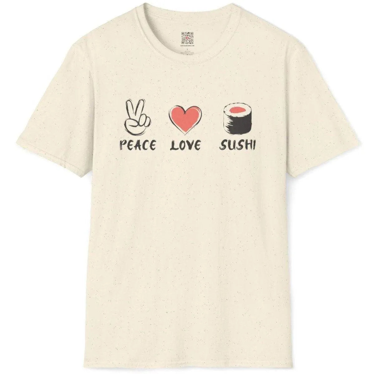 Natural colored t-shirt featuring playful peace sign, heart, and sushi roll design with matching text underneath.