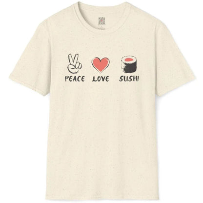 Natural colored t-shirt featuring playful peace sign, heart, and sushi roll design with matching text underneath.