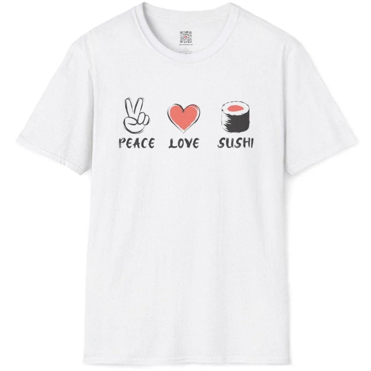 White t-shirt showcasing vibrant Peace, Love, Sushi design with hand-drawn peace sign, heart and sushi graphics.