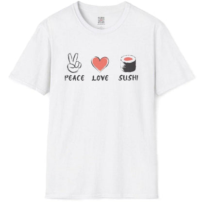 White t-shirt showcasing vibrant Peace, Love, Sushi design with hand-drawn peace sign, heart and sushi graphics.