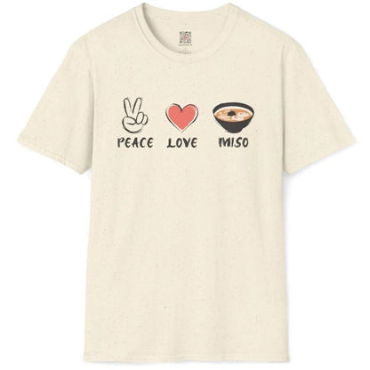 Natural t-shirt featuring organic aesthetic peace sign, heart, and miso soup graphics with matching text below.