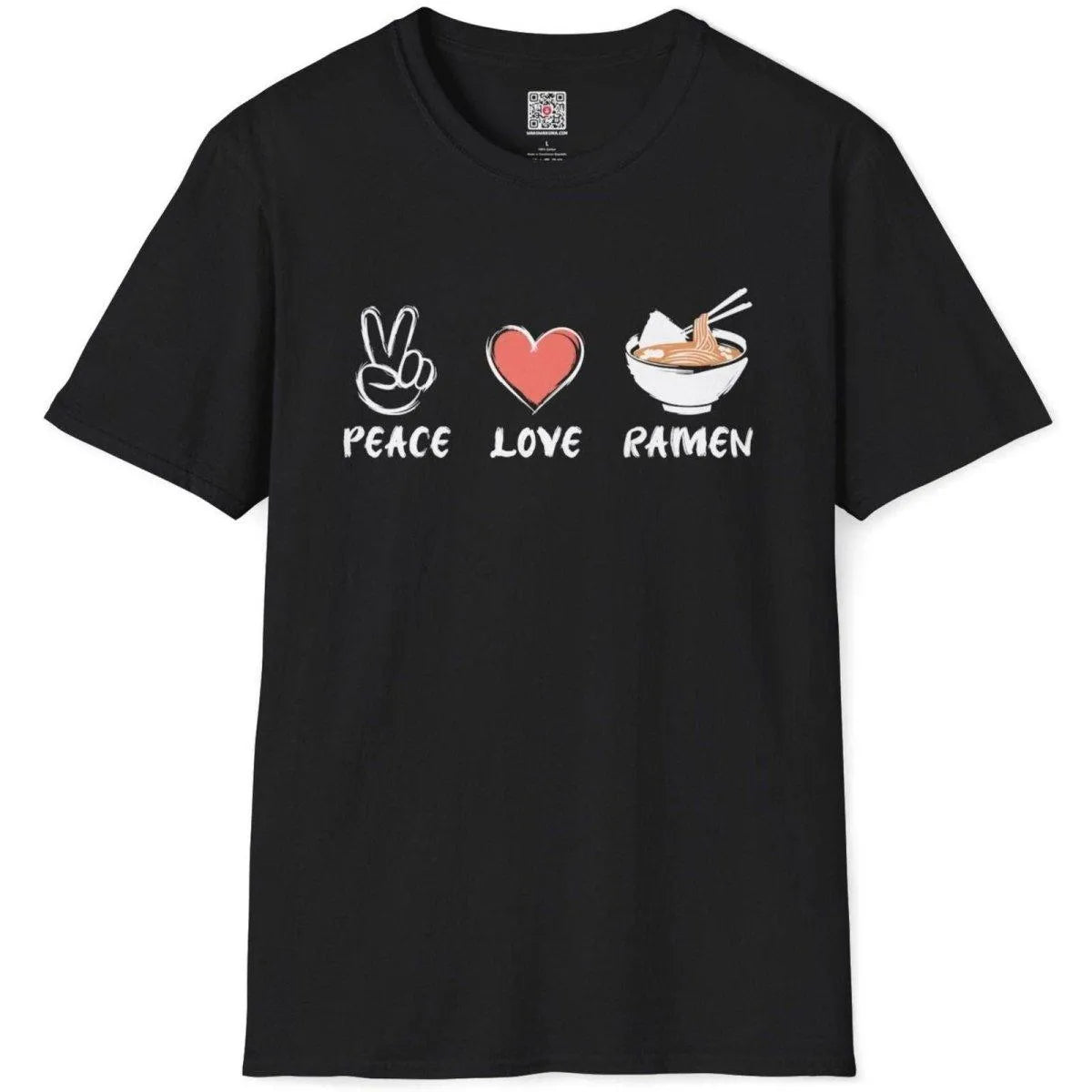 Flatlay of black t-shirt with peace, heart, and ramen icons in hand-drawn style; japanese t-shirts, ramen apparel.