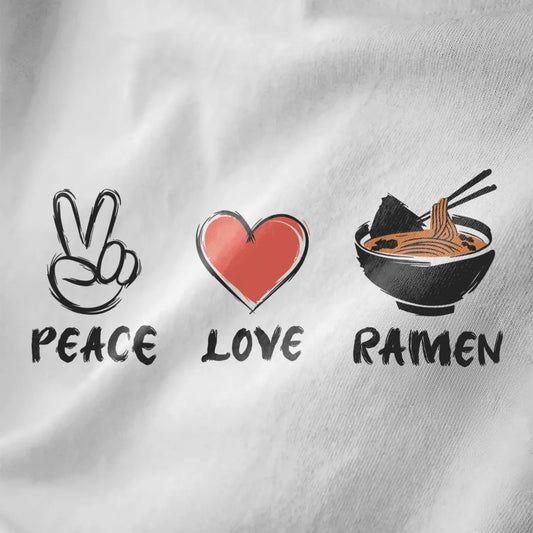 Peace sign, coral heart, and ramen bowl with bold brush lettering on white fabric; japanese t-shirts, ramen t-shirt.