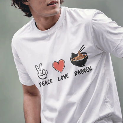Male model in white t-shirt with peace, heart, and ramen design; ramen t-shirt, positive messaging, urban ramen.
