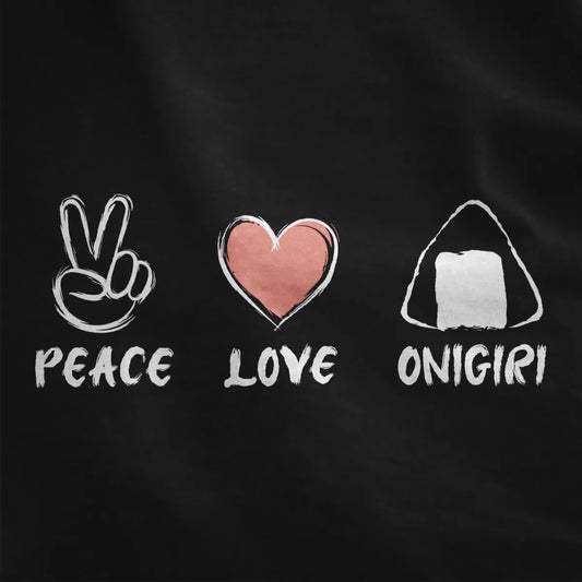 Peace hand, heart, and onigiri rice ball with bold brush lettering on black fabric; japanese snack, organic aesthetic.