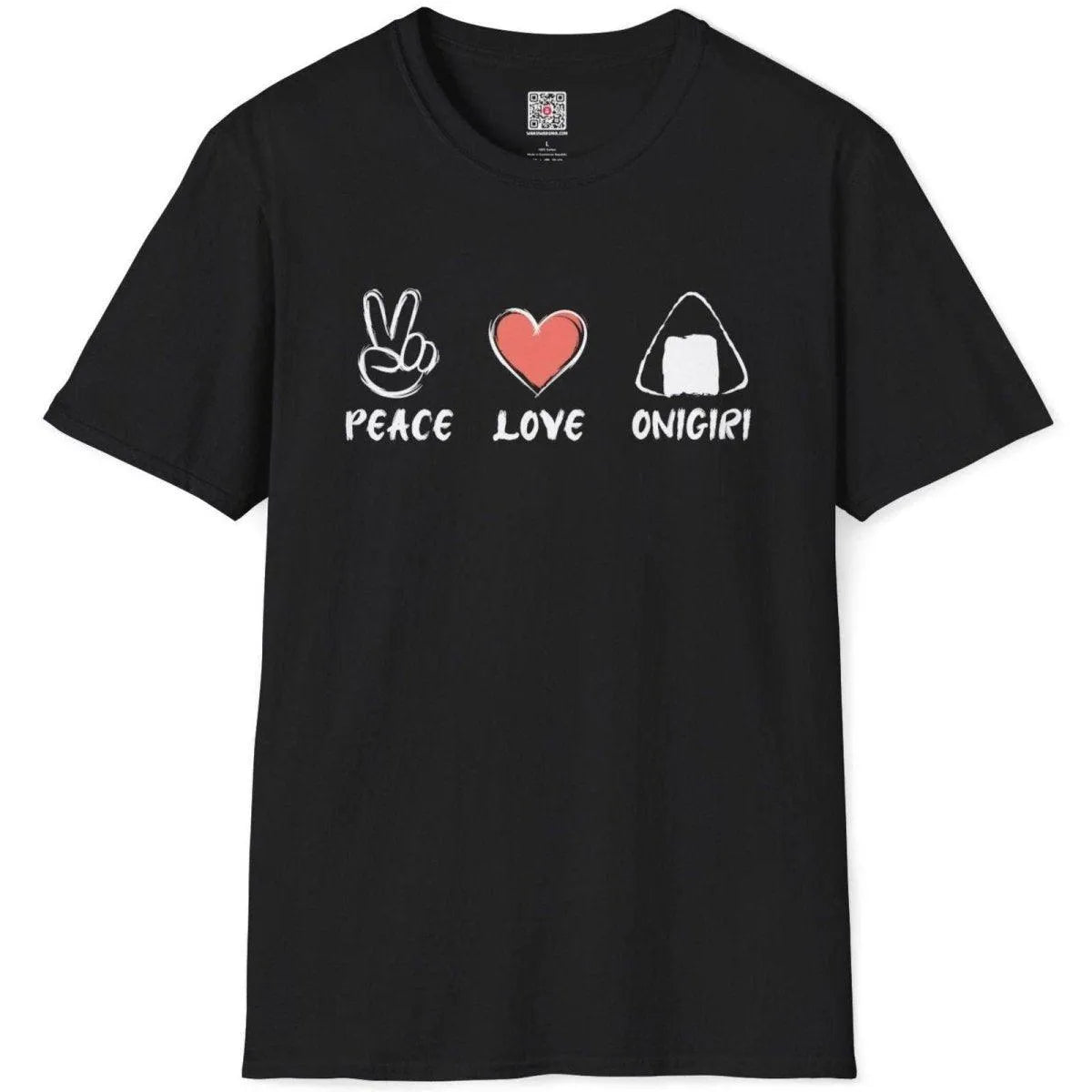 Flatlay of black t-shirt with peace, heart, and onigiri rice ball in hand-drawn style; japanese t-shirts, minimalist font.