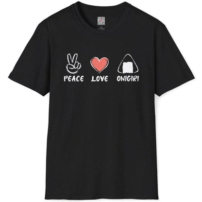 Flatlay of black t-shirt with peace, heart, and onigiri rice ball in hand-drawn style; japanese t-shirts, minimalist font.