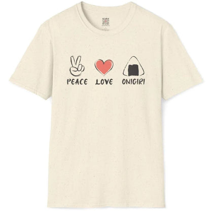 Natural t-shirt flatlay with peace, heart, and onigiri icons and brush lettering; casual aesthetics, warm palette.