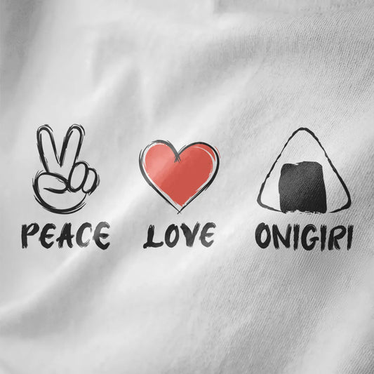 Peace hand, coral heart, and onigiri rice ball with brush lettering on white fabric; japanese t-shirts, rice ball onigiri.