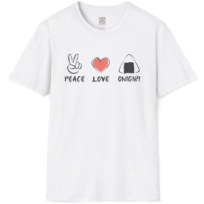 Flatlay of white t-shirt featuring peace, heart, and onigiri rice ball; hand-drawn typeface, modern tradition.