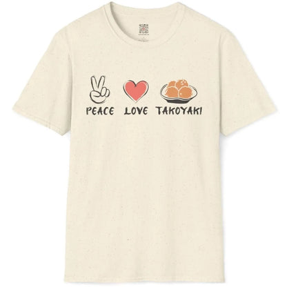 Natural t-shirt flatlay with peace, heart, and takoyaki icons and brush lettering; japanese t-shirts, urban noodles.