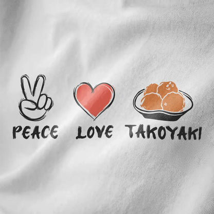 Peace hand, coral heart, and takoyaki bowl with brush lettering on white fabric; japanese t-shirts, takoyaki balls.