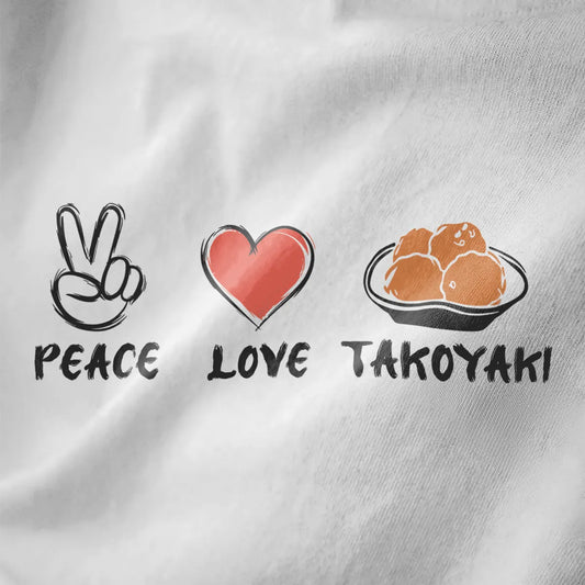 Peace hand, coral heart, and takoyaki bowl with brush lettering on white fabric; japanese t-shirts, takoyaki balls.