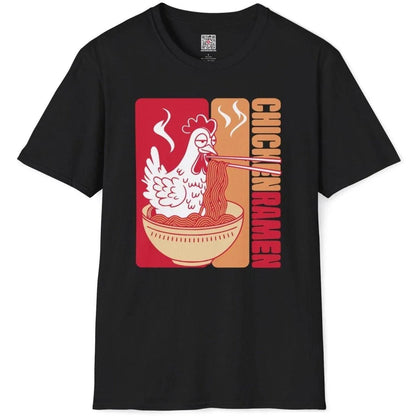 Black t-shirt flatlay with content chicken enjoying ramen, chicken ramen, ramen t-shirt, foodie style.