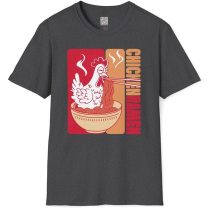 Dark heather t-shirt flatlay with playful chicken eating ramen, chicken ramen, ramen t-shirt, contrast art.