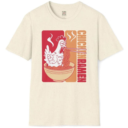Natural t-shirt flatlay with white chicken enjoying ramen, chicken ramen, ramen t-shirt, dynamic composition.