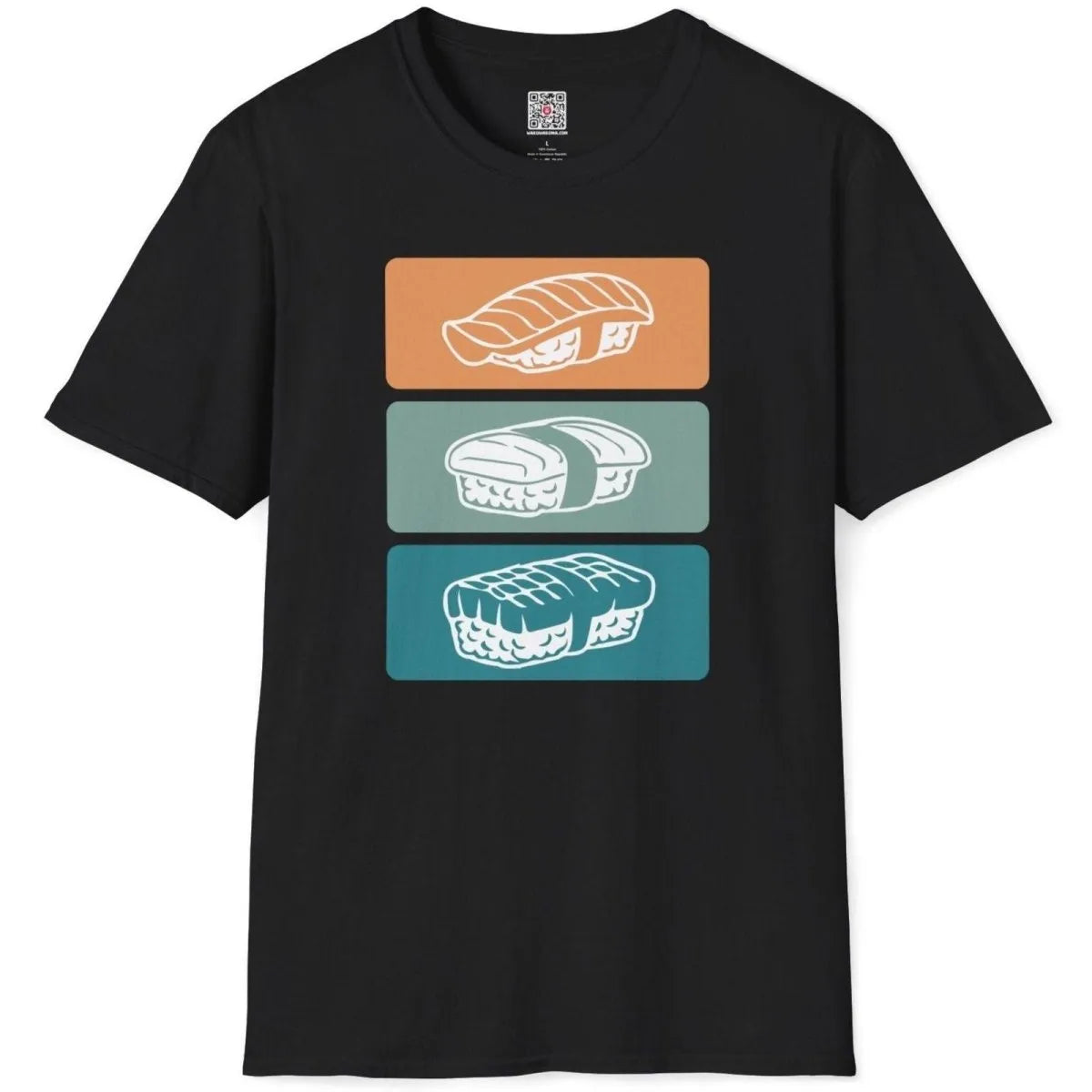 Black t-shirt flatlay with sushi trio graphic, emphasizing sushi shirt, plate presentation, and graphic design t shirt.