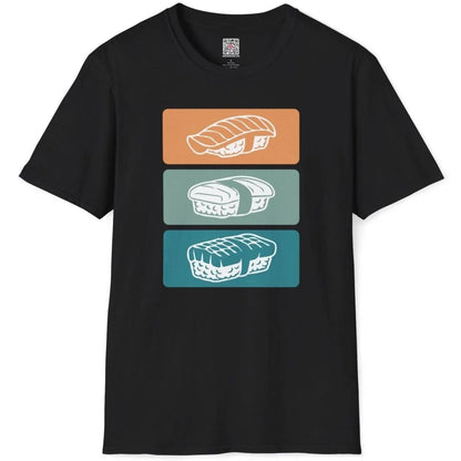 Black t-shirt flatlay with sushi trio graphic, emphasizing sushi shirt, plate presentation, and graphic design t shirt.