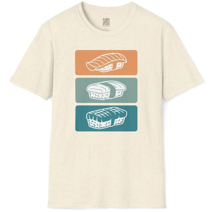 Natural t-shirt flatlay with stylish sushi trio, reflecting sushi t-shirt, japanese text shirt, and art t shirts.