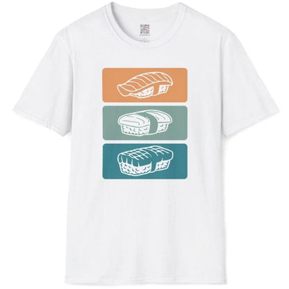 White t-shirt flatlay with sushi trio art, blending traditional sushi with minimalist font and modern fusion.